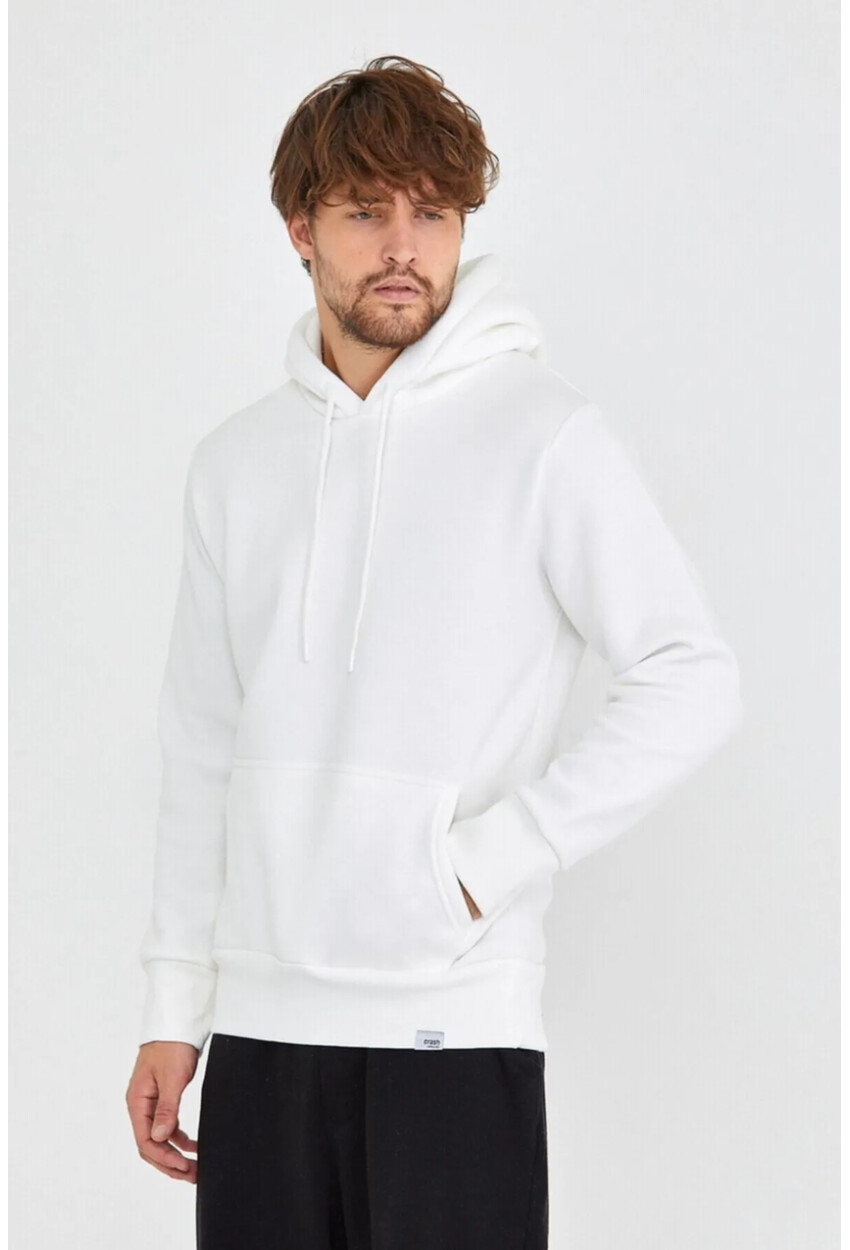 Beyaz Unisex Kapüşonlu Kanguru Cepli Basic Sweatshirt 1163