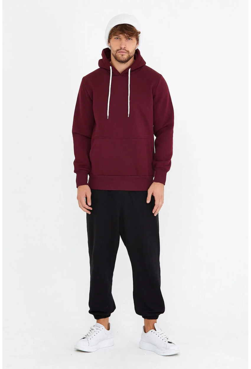 Bordo Unisex Kapüşonlu Kanguru Cepli Basic Sweatshirt 1163