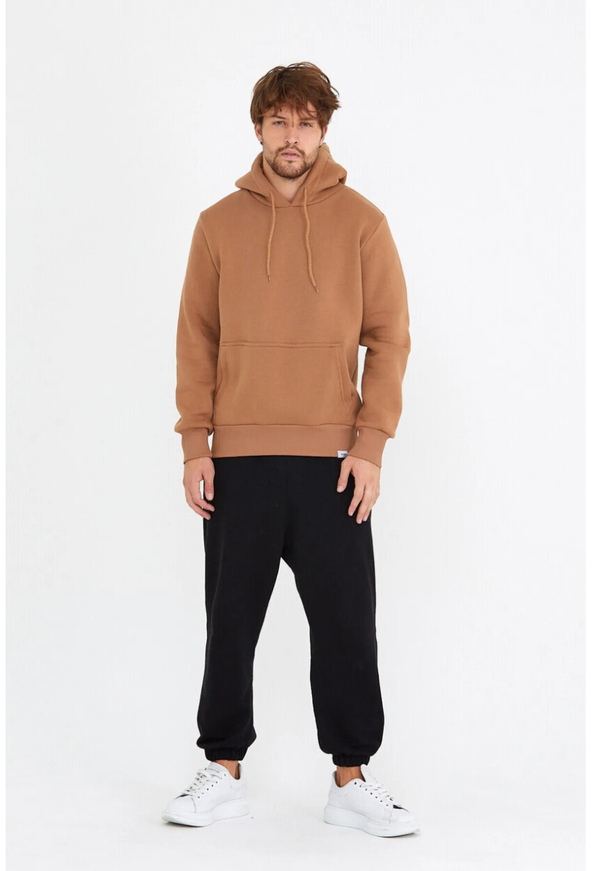 Kahverengi Unisex Kapüşonlu Kanguru Cepli Basic Sweatshirt 1163