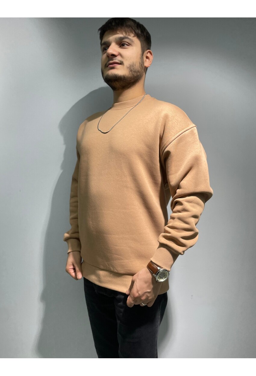 Camel Unisex Basic Bisiklet Yaka Oversize Sweatshirt