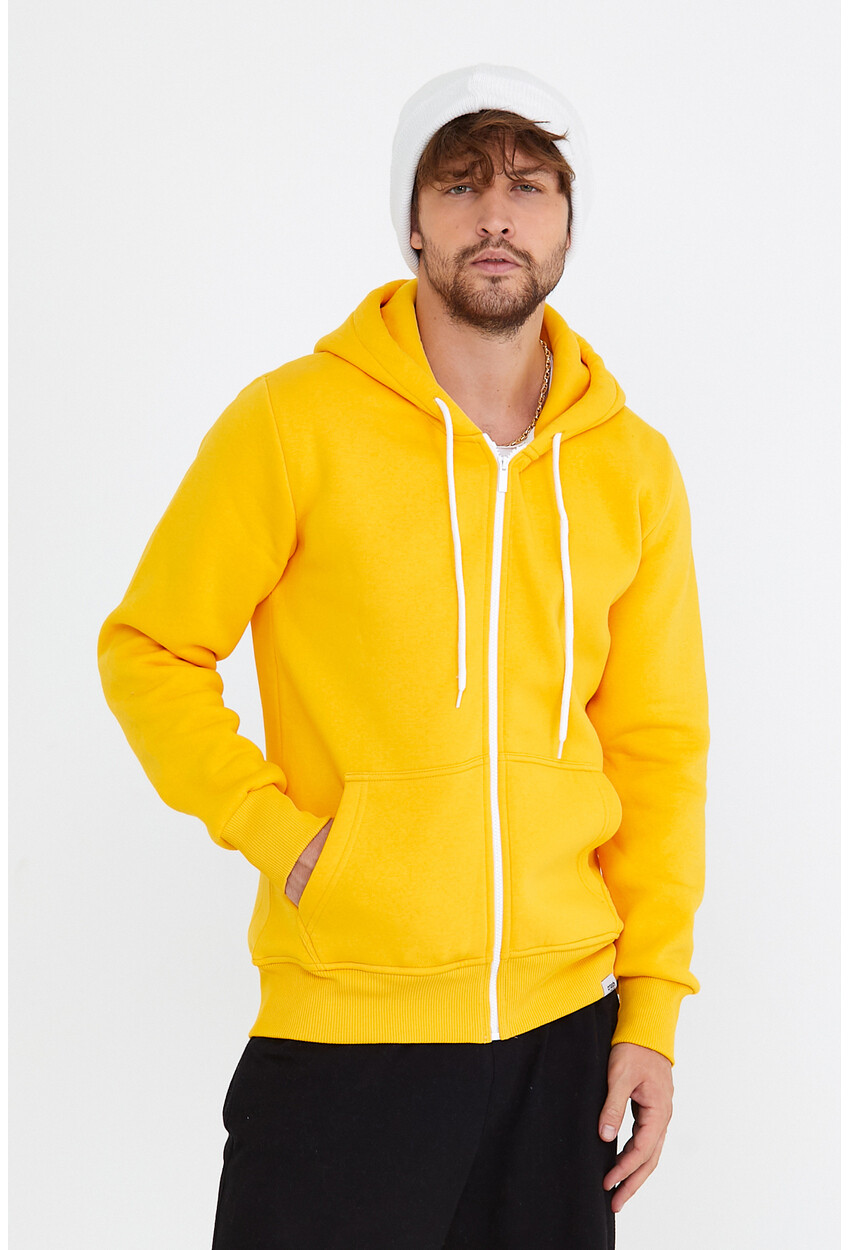 Unisex Sarı Kapüşonlu Üç İplik Basic Sweatshirt