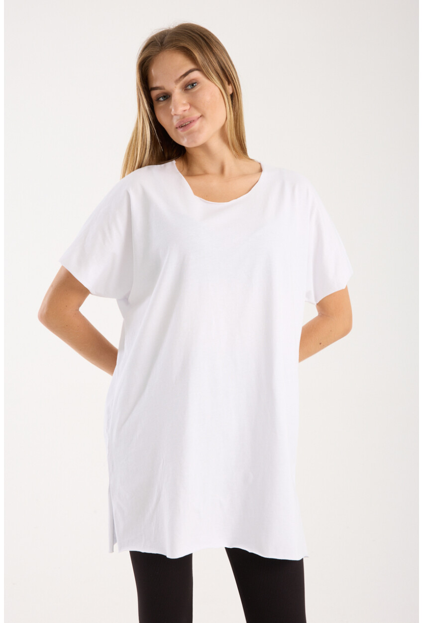 Kadın Bisiklet Yaka Yırtmaçlı Oversize Basic Tişört