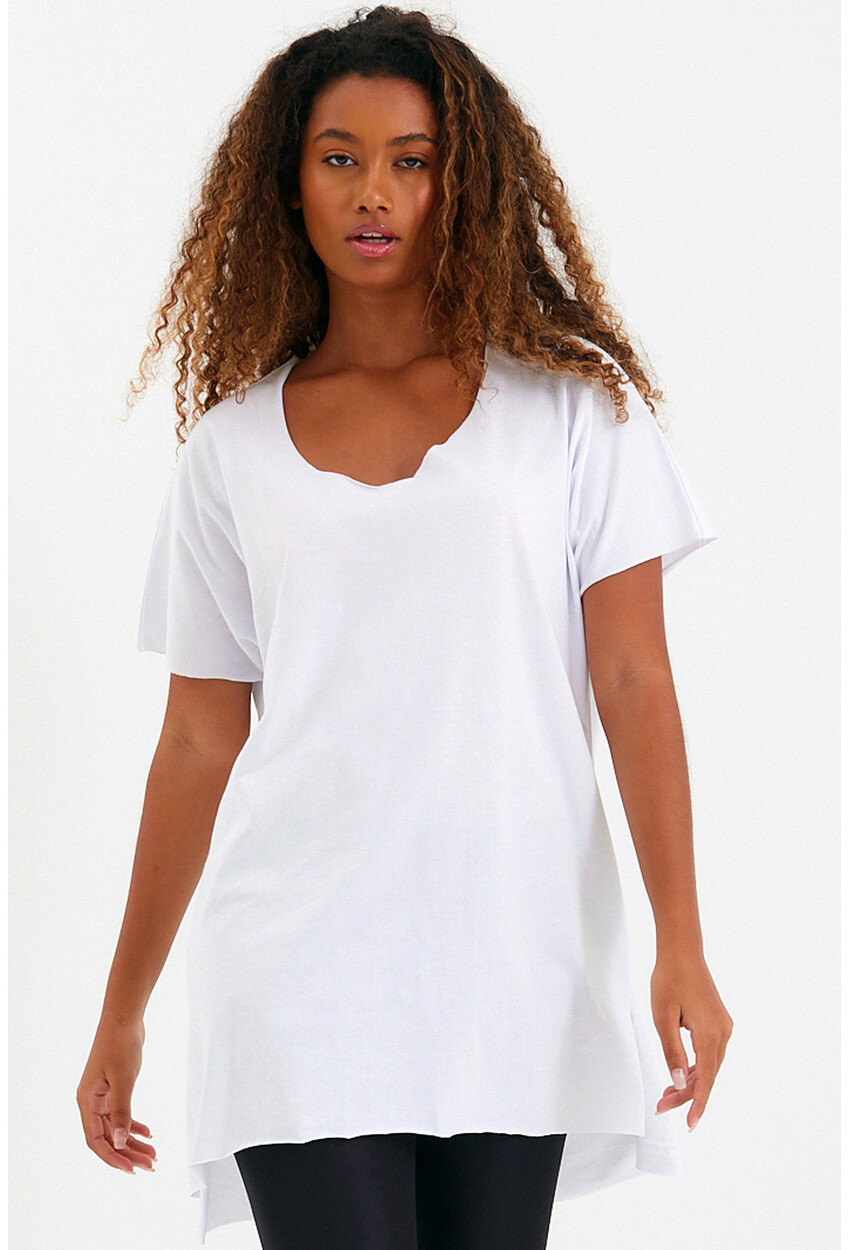 Kadın Bisiklet Yaka Yırtmaçlı Oversize Basic Tişört