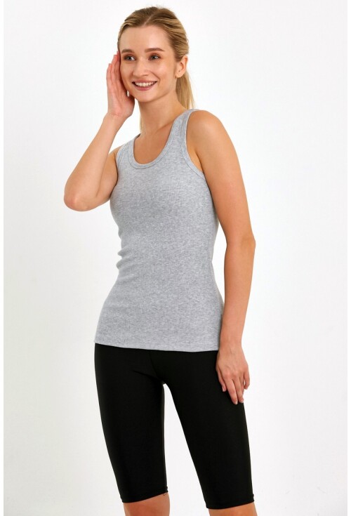 Grimelanj Fitted/Vücuda Oturan Havuz Yaka Fitilli Esnek Örme Atlet