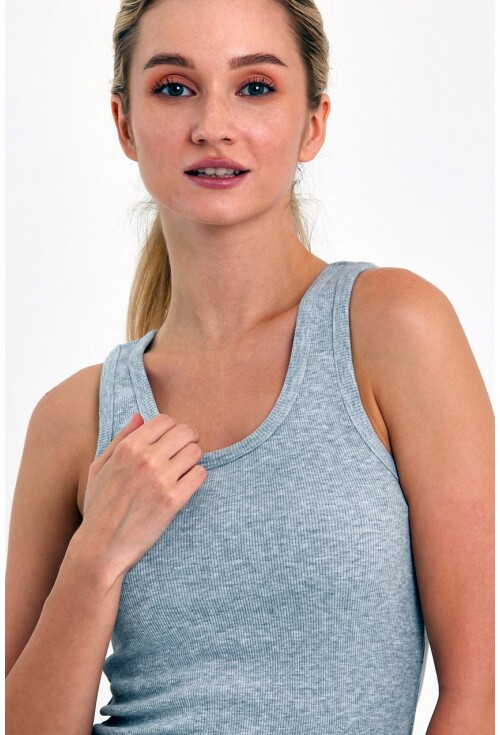 Grimelanj Fitted/Vücuda Oturan Havuz Yaka Fitilli Esnek Örme Atlet