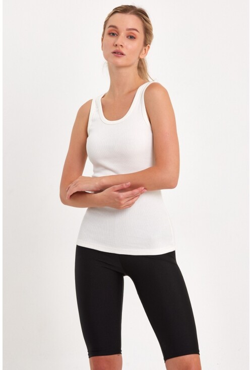 Ekru Fitted/Vücuda Oturan Havuz Yaka Fitilli Esnek Örme Atlet