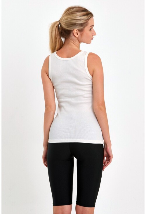 Ekru Fitted/Vücuda Oturan Havuz Yaka Fitilli Esnek Örme Atlet