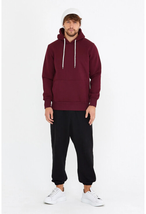 Bordo Unisex Kapüşonlu Kanguru Cepli Basic Sweatshirt 1163