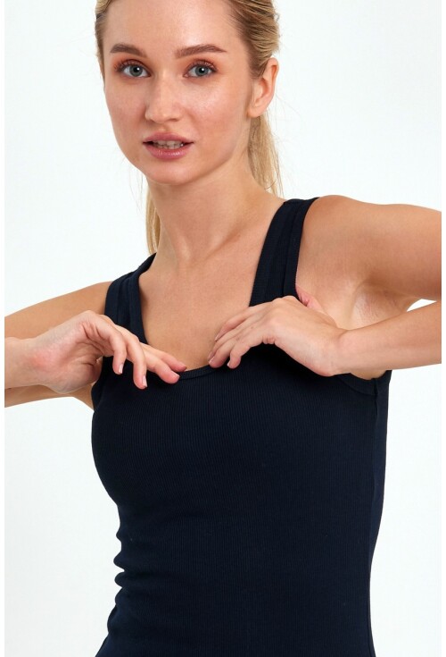 Lacivert Fitted/Vücuda Oturan Havuz Yaka Fitilli Esnek Örme Atlet