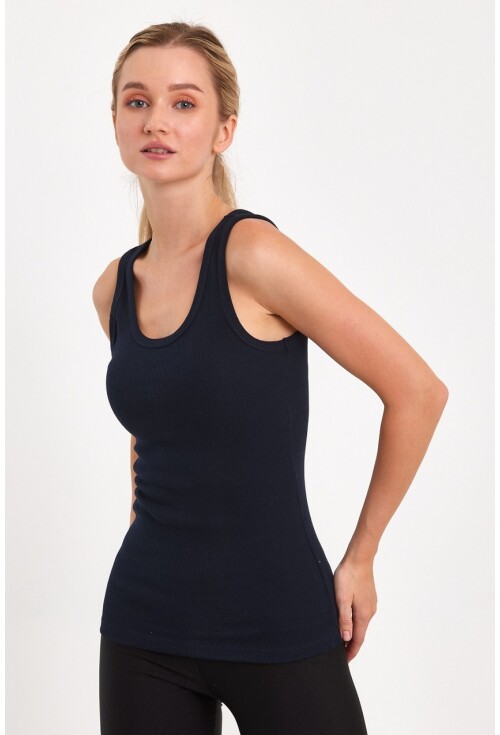 Lacivert Fitted/Vücuda Oturan Havuz Yaka Fitilli Esnek Örme Atlet