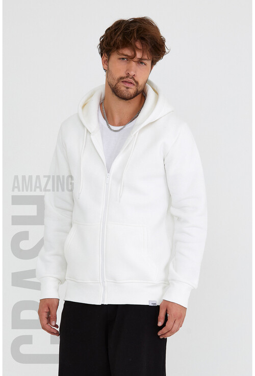 Ekru Unisex Kapüşonlu Üç İplik Basic Sweatshirt