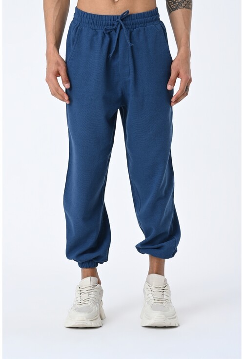 Erkek Jogger Fit Lastikli İndigo Keten Pantolon