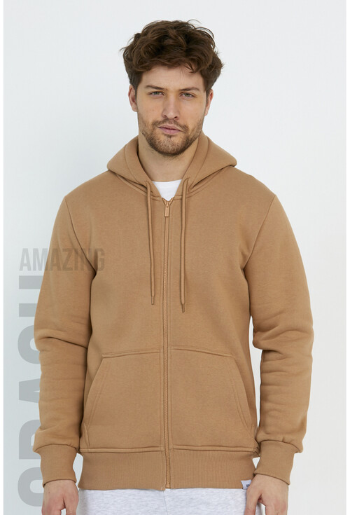 Kahverengi Unisex Kapüşonlu Üç İplik Basic Sweatshirt