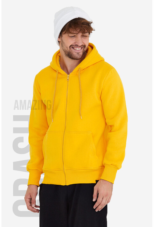 Sarı Unisex Kapüşonlu Üç İplik Basic Sweatshirt