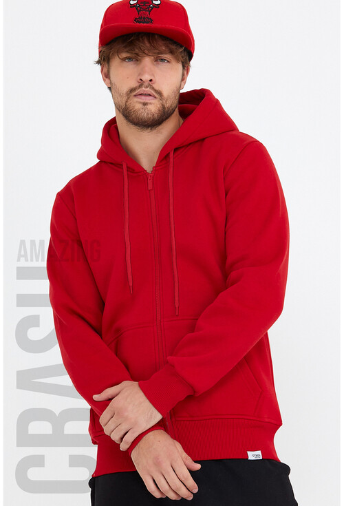 Kırmızı Unisex Kapüşonlu Üç İplik Basic Sweatshirt