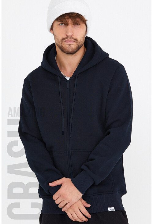Lacivert Unisex Kapüşonlu Üç İplik Basic Sweatshirt