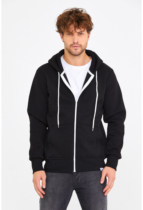 S M Beden Kapüşonlu Fermuarlı Üç İplik Siyah Sweatshirt