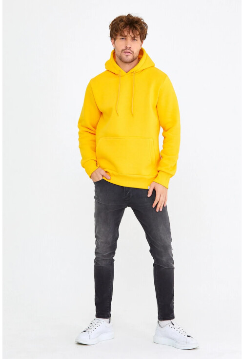 Sarı Unisex Kapüşonlu Kanguru Cepli Basic Sweatshirt 1163