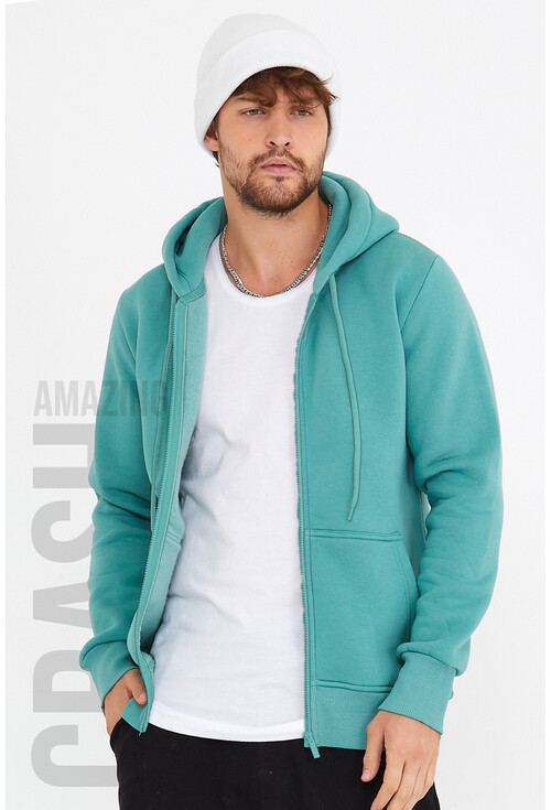 Su Yeşili Unisex Kapüşonlu Üç İplik Basic Sweatshirt
