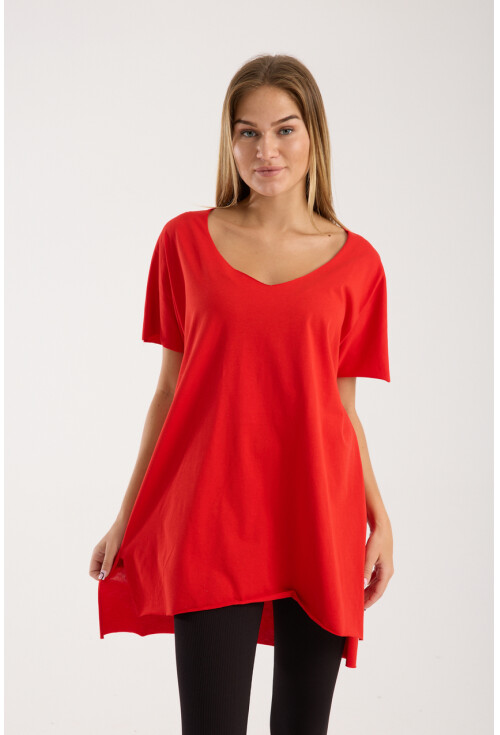 Kadın V Yaka Yırtmaçlı Oversize Basic Tişört